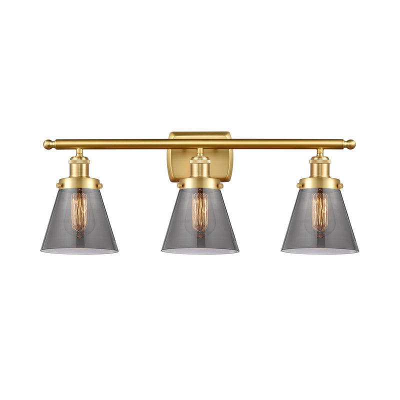 Innovations Cone 26in 3-Light Bath Vanity Light | Industrial Satin Gold Steel and Light Smoke Glass | Bathroom Vanity | Model 916-3W-SG-G63