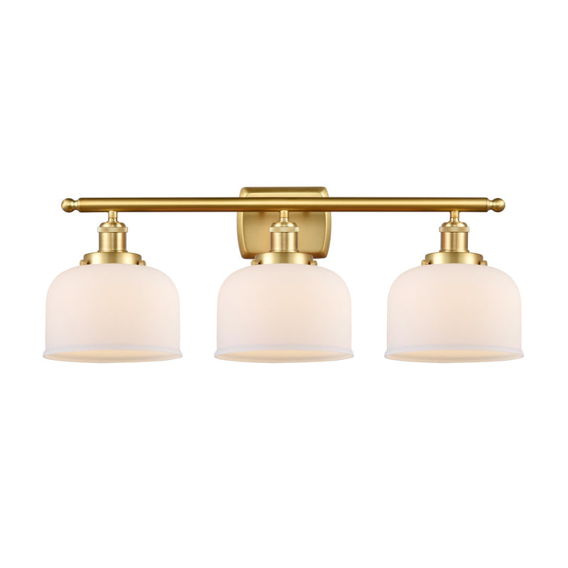 Innovations Bell 28in 3-Light Bath Vanity Light | Industrial Satin Gold Steel and Matte White Glass | Bathroom Vanity | Model 916-3W-SG-G71