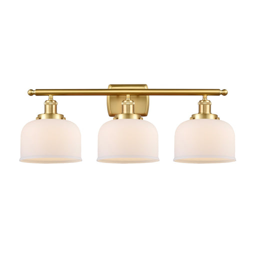 Innovations Bell 28in 3-Light Bath Vanity Light | Industrial Satin Gold Steel and Matte White Glass | Bathroom Vanity | Model 916-3W-SG-G71