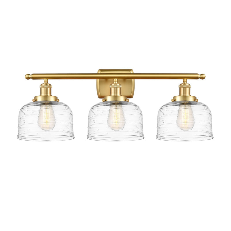 Innovations Bell 28in 3-Light Bath Vanity Light | Industrial Satin Gold Steel and Clear Deco Swirl Glass | Bathroom Vanity | Model 916-3W-SG-G713