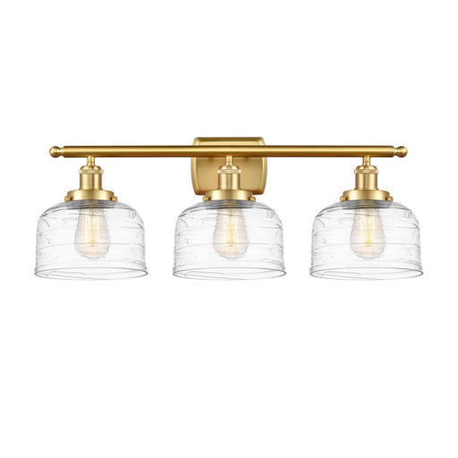 Innovations Bell 28in 3-Light Bath Vanity Light | Industrial Satin Gold Steel and Clear Deco Swirl Glass | Bathroom Vanity | Model 916-3W-SG-G713