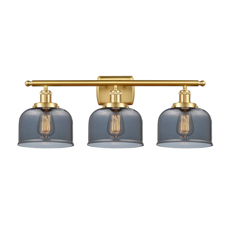 Innovations Bell 28in 3-Light Bath Vanity Light | Industrial Satin Gold Steel and Light Smoke Glass | Bathroom Vanity | 28 x 11 in | Model 916-3W-SG-G73