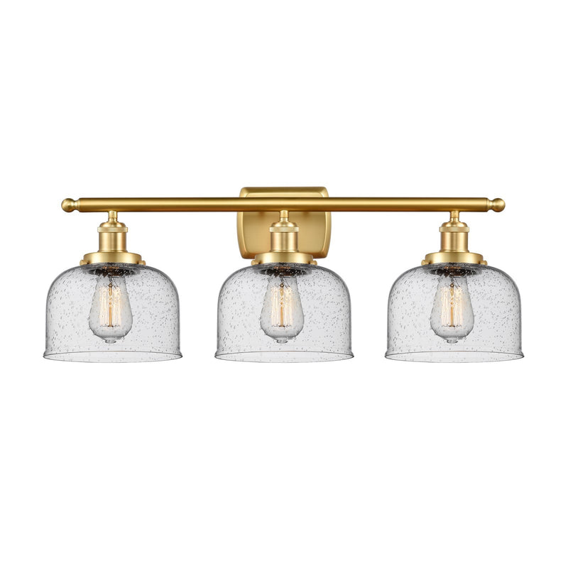 Innovations Bell 28in 3-Light Bath Vanity Light | Industrial Satin Gold Steel and Seedy Glass | Bathroom Vanity | 28 x 11 in | Model 916-3W-SG-G74