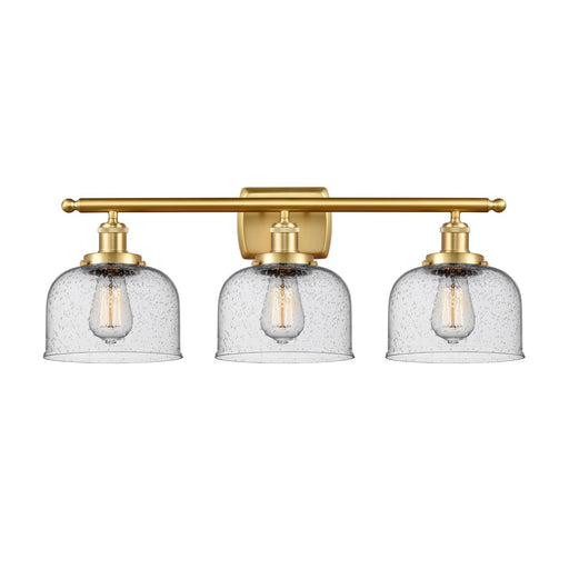 Innovations Bell 28in 3-Light Bath Vanity Light | Industrial Satin Gold Steel and Seedy Glass | Bathroom Vanity | 28 x 11 in | Model 916-3W-SG-G74