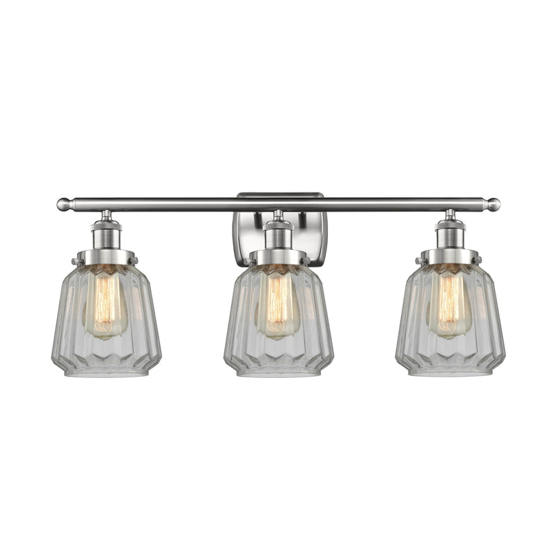 Innovations Chatham 27in 3-Light Bath Vanity Light | Modern Transitional Brushed Satin Nickel Steel and Clear Ribbed Glass Shade | Model 916-3W-SN-G142