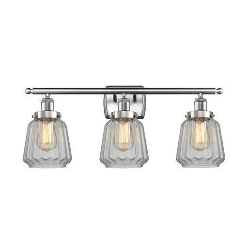 Innovations Chatham 27in 3-Light Bath Vanity Light | Modern Transitional Brushed Satin Nickel Steel and Clear Ribbed Glass Shade | Model 916-3W-SN-G142