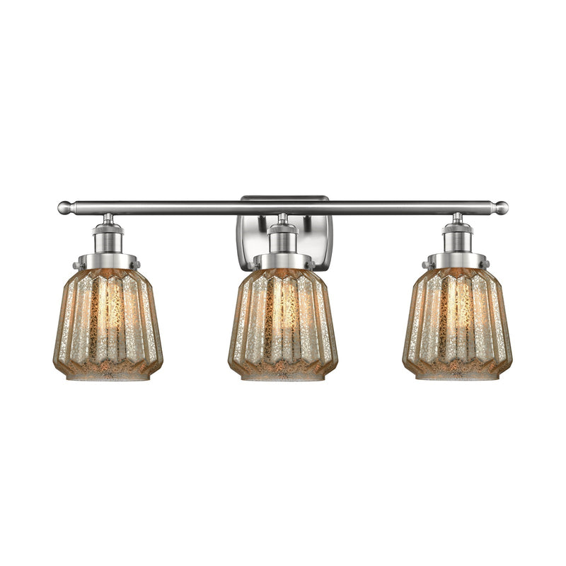 Innovations Chatham 27in 3-Light Bath Vanity Light | Modern Transitional Brushed Satin Nickel Steel and Mercury Ribbed Glass Shade | Model 916-3W-SN-G146