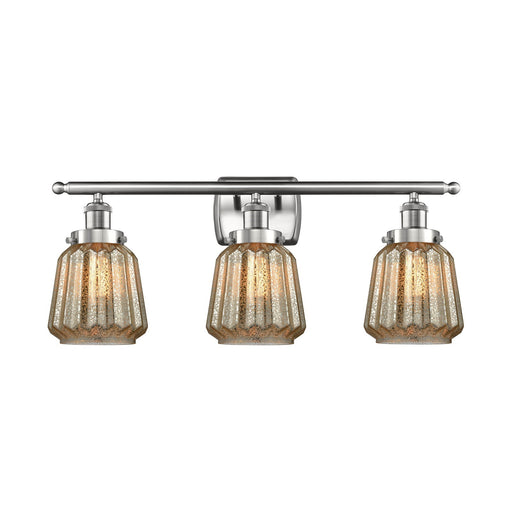 Innovations Chatham 27in 3-Light Bath Vanity Light | Modern Transitional Brushed Satin Nickel Steel and Mercury Ribbed Glass Shade | Model 916-3W-SN-G146