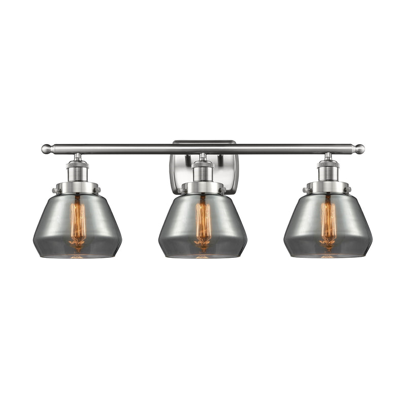 Innovations Fulton 27in 3-Light Bath Vanity | Modern Transitional Brushed Satin Nickel and Smoked Glass Schoolhouse Shade | Model 916-3W-SN-G173