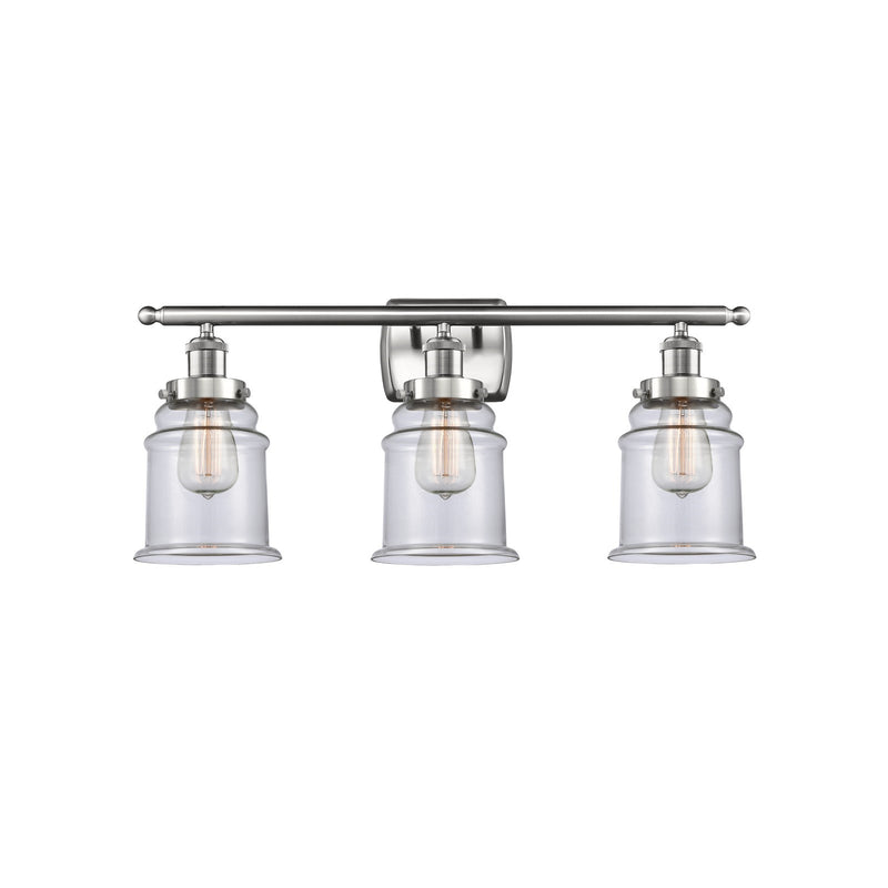 Innovations Canton 26in 3-Light Bath Vanity | Modern Contempo Brushed Satin Nickel and Clear Glass Schoolhouse Shade | Bathroom | Model 916-3W-SN-G182