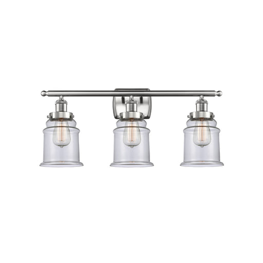 Innovations Canton 26in 3-Light Bath Vanity | Modern Contempo Brushed Satin Nickel and Clear Glass Schoolhouse Shade | Bathroom | Model 916-3W-SN-G182