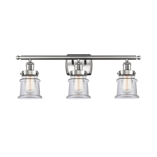 Innovations Canton 25.25in 3-Light Bath Vanity | Modern Contempo Brushed Satin Nickel and Clear Glass Schoolhouse Shade | Bathroom | Model 916-3W-SN-G182S
