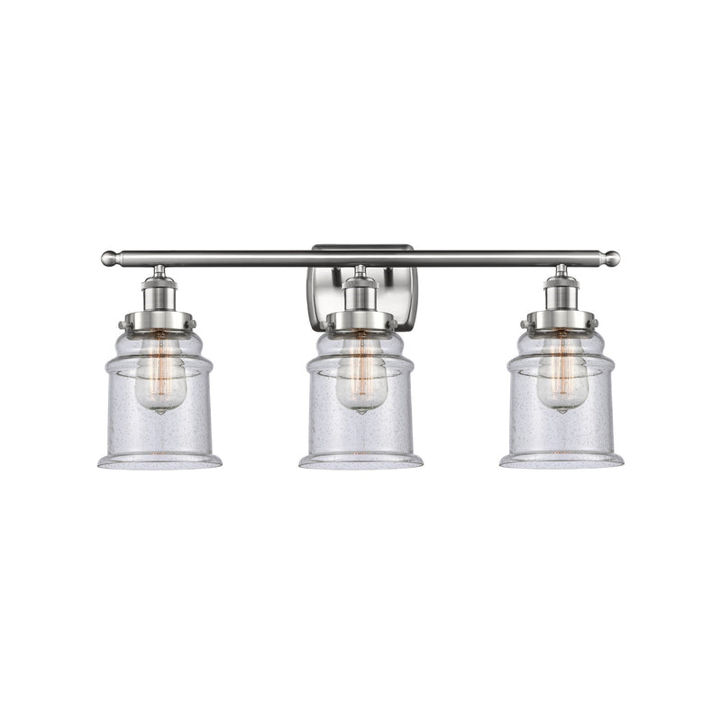 Innovations Canton 26in 3-Light Bath Vanity | Modern Contempo Brushed Satin Nickel and Seedy Glass Schoolhouse Shade | Bathroom | Model 916-3W-SN-G184