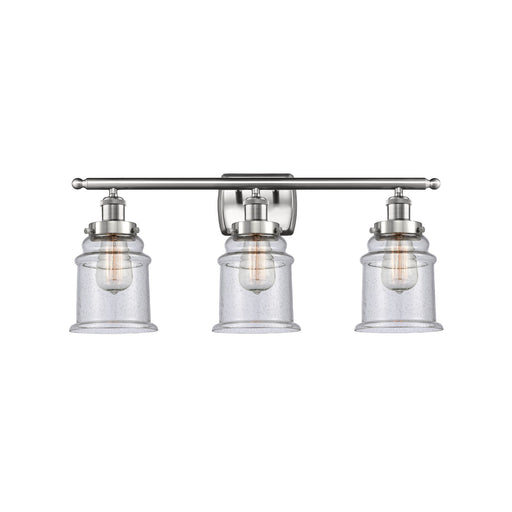 Innovations Canton 26in 3-Light Bath Vanity | Modern Contempo Brushed Satin Nickel and Seedy Glass Schoolhouse Shade | Bathroom | Model 916-3W-SN-G184