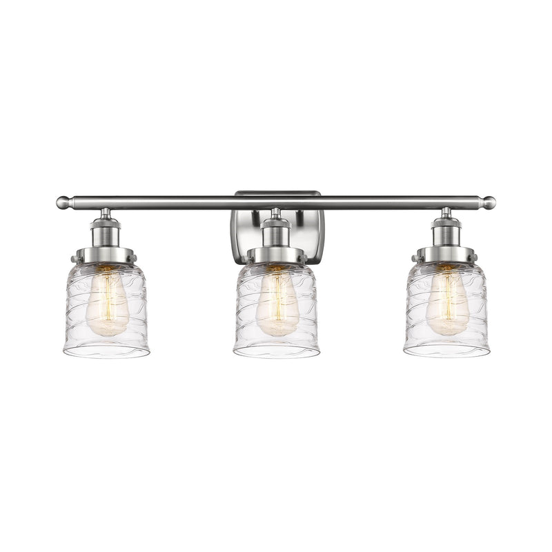 Innovations Bell 26in 3-Light Bath Vanity Light | Industrial Transitional Brushed Satin Nickel and Clear Deco Swirl Glass | Model 916-3W-SN-G513-LED