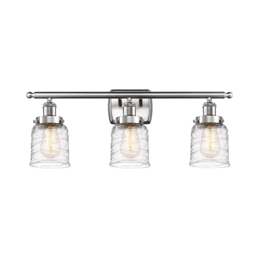 Innovations Bell 26in 3-Light Bath Vanity Light | Industrial Transitional Brushed Satin Nickel and Clear Deco Swirl Glass | Model 916-3W-SN-G513-LED