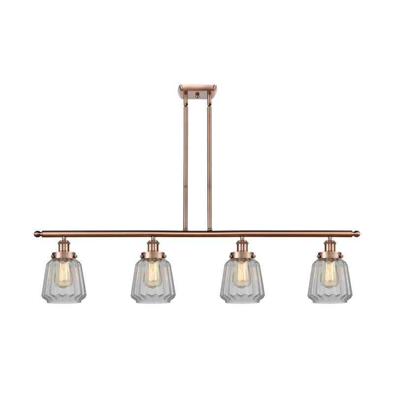 Innovations Chatham 48in 4-Light Island Light | Modern Transitional Antique Copper Steel and Clear Ribbed Glass Shade | Kitchen | Model 916-4I-AC-G142