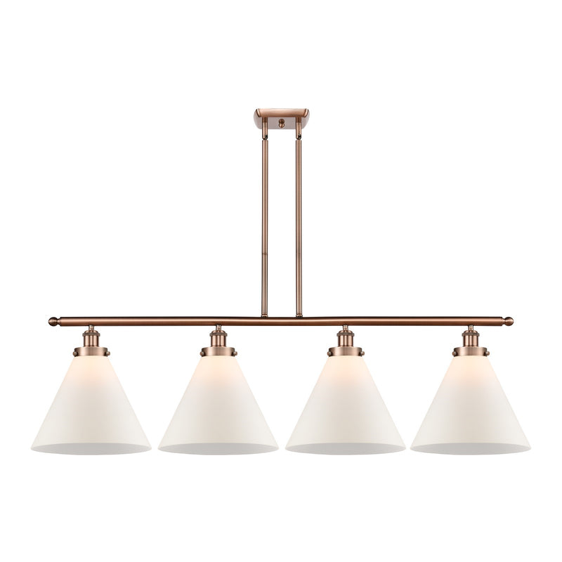 Innovations Cone 48in 4-Light Island Light | Industrial Transitional Antique Copper Steel and Matte White Frosted Glass | Kitchen | Model 916-4I-AC-G41-L