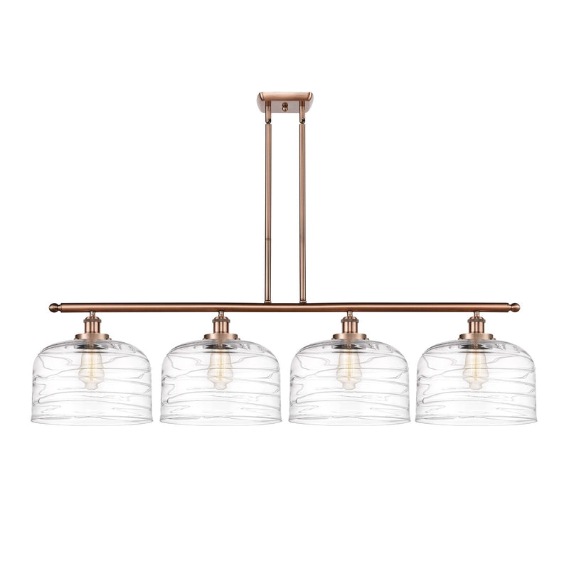 Innovations Bell 48in 4-Light Island Light | Industrial Antique Copper Steel and Clear Deco Swirl XL Glass | Kitchen Island & | Model 916-4I-AC-G713-L