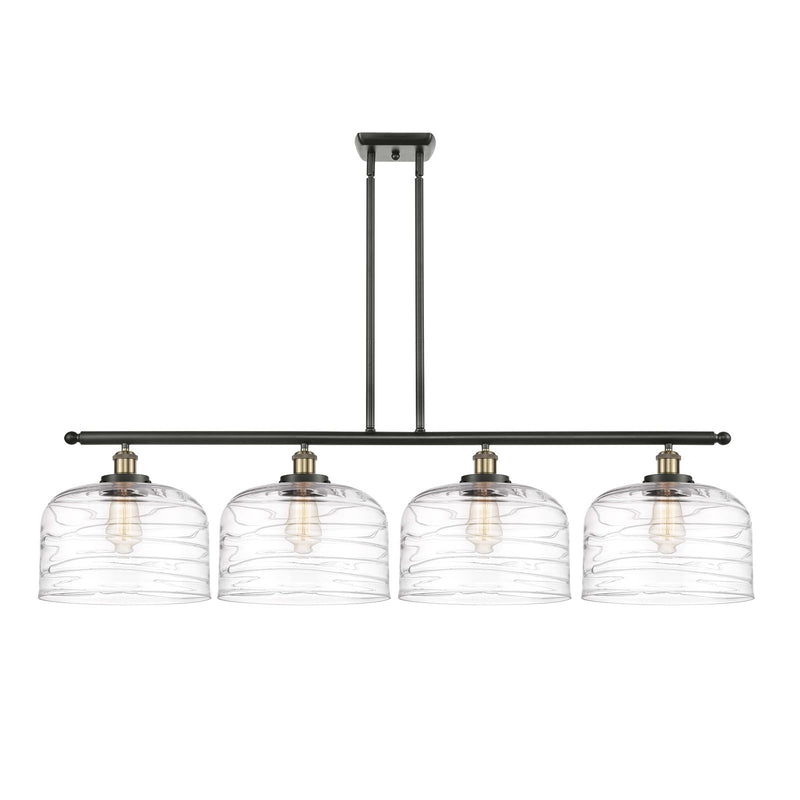 Innovations Bell 48in 4-Light Island Light | Industrial Black Antique Brass Steel and Clear Deco Swirl Glass | Kitchen | Model 916-4I-BAB-G713-L-LED