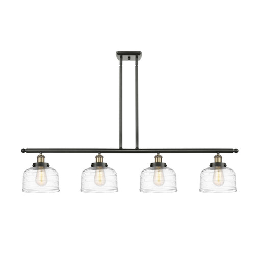 Innovations Bell 48in 4-Light Island Light | Industrial Black Antique Brass Steel and Clear Deco Swirl Glass | Kitchen Island | Model 916-4I-BAB-G713-LED