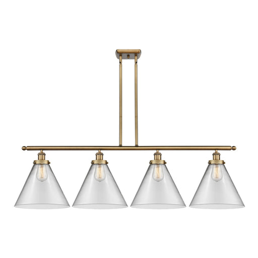 Innovations Cone 48in 4-Light Island Light | Industrial Brushed Brass and Clear Glass | Kitchen Island & Dining Room | Model 916-4I-BB-G42-L