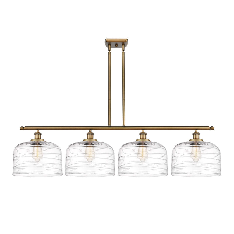 Innovations Bell 48in 4-Light Island Light | Industrial Brushed Brass Steel and Clear Deco Swirl XL Glass | Kitchen Island & | Model 916-4I-BB-G713-L-LED