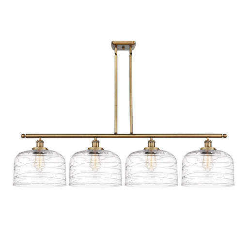 Innovations Bell 48in 4-Light Island Light | Industrial Brushed Brass Steel and Clear Deco Swirl XL Glass | Kitchen Island & | Model 916-4I-BB-G713-L-LED