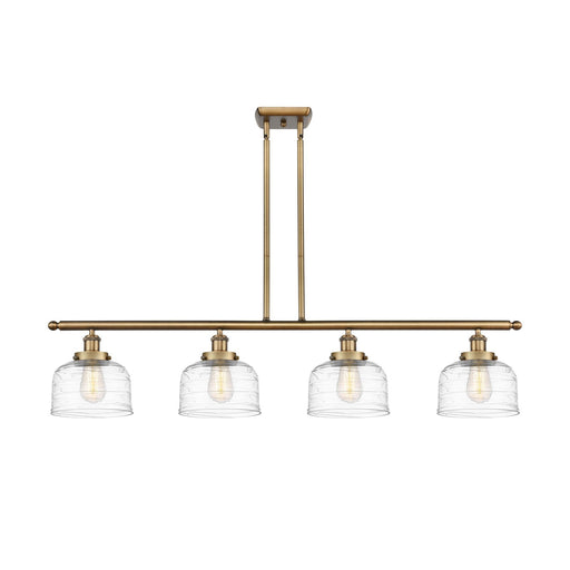 Innovations Bell 48in 4-Light Island Light | Industrial Brushed Brass Steel and Clear Deco Swirl Glass | Kitchen Island & | Model 916-4I-BB-G713-LED