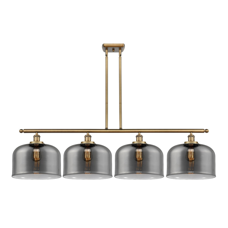Innovations Bell 48in 4-Light Island Light | Industrial Brushed Brass Steel and Light Smoke Glass | Kitchen Island & Dining Room | Model 916-4I-BB-G73-L
