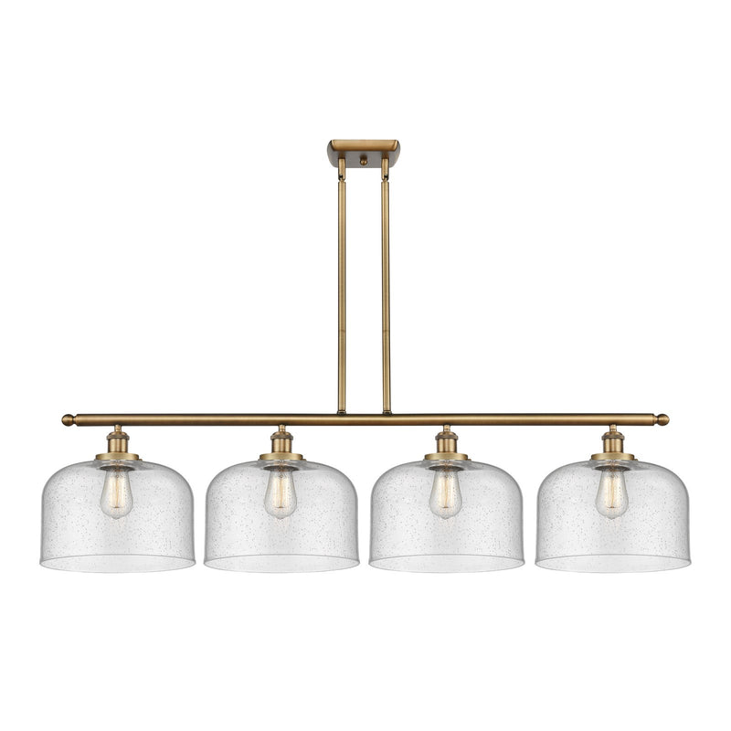 Innovations Bell 48in 4-Light Island Light | Industrial Brushed Brass Steel and Seedy Glass | Kitchen Island & Dining Room | Model 916-4I-BB-G74-L