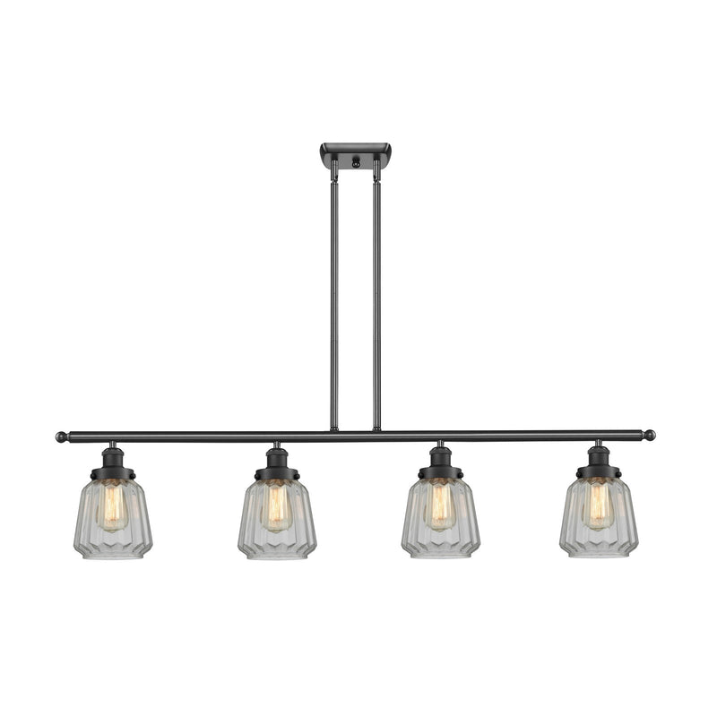 Innovations Chatham 48in 4-Light Island Light | Modern Contempo Matte Black Steel and Clear Ribbed Glass | Kitchen Island & Dining | Model 916-4I-BK-G142