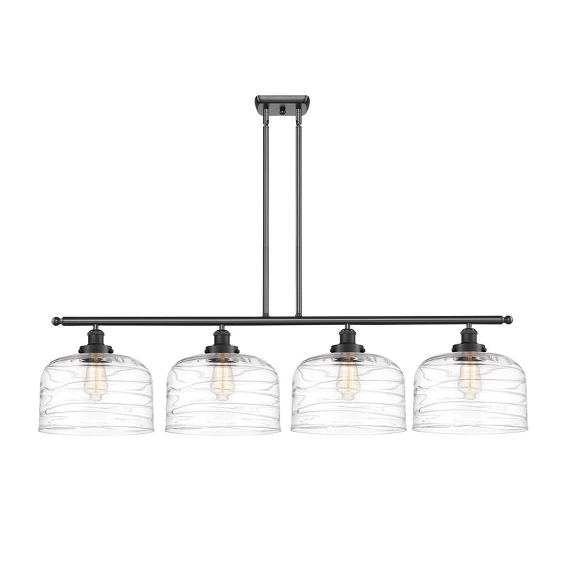 Innovations Bell 48in 4-Light Island Light | Industrial Matte Black Steel and Clear Deco Swirl Glass | Kitchen Island & Dining | Model 916-4I-BK-G713-L