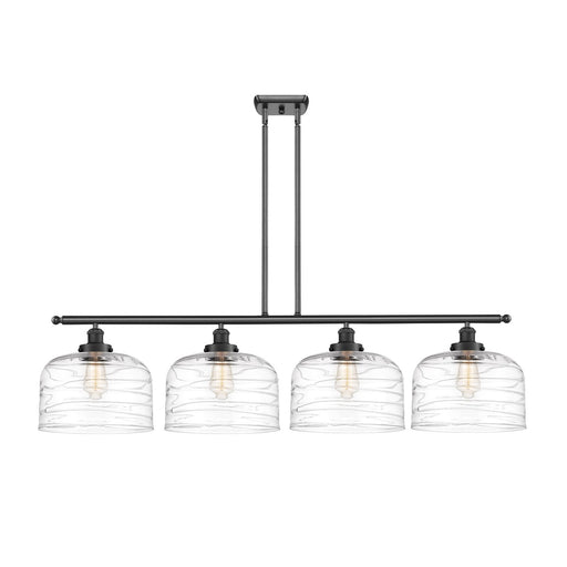 Innovations Bell 48in 4-Light Island Light | Industrial Matte Black Steel and Clear Deco Swirl Glass | Kitchen Island & Dining | Model 916-4I-BK-G713-L