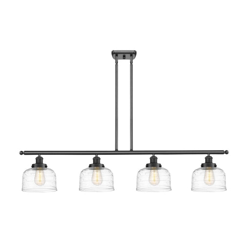 Innovations Bell 48in 4-Light Island Light | Industrial Matte Black Steel and Clear Deco Swirl Glass | Kitchen Island & Dining | Model 916-4I-BK-G713-LED