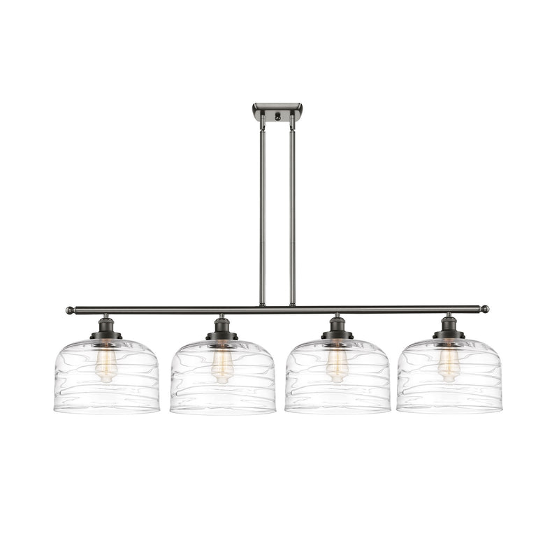 Innovations Bell 48in 4-Light Island Light | Industrial Oil Rubbed Bronze Steel and Clear Deco Swirl XL Glass | Kitchen Island & | Model 916-4I-OB-G713-L