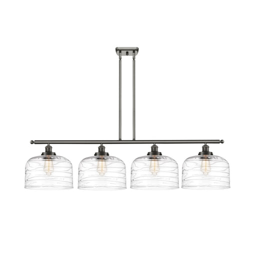 Innovations Bell 48in 4-Light Island Light | Industrial Oil Rubbed Bronze Steel and Clear Deco Swirl XL Glass | Kitchen Island & | Model 916-4I-OB-G713-L