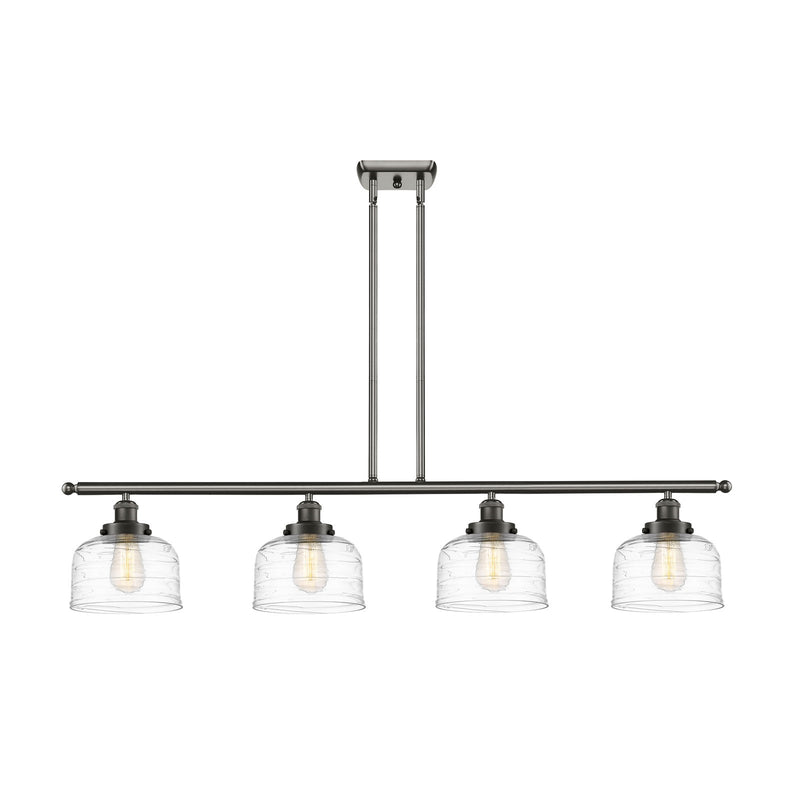 Innovations Bell 48in 4-Light Island Light | Industrial Oil Rubbed Bronze Steel and Clear Deco Swirl Glass | Kitchen Island & | Model 916-4I-OB-G713-LED