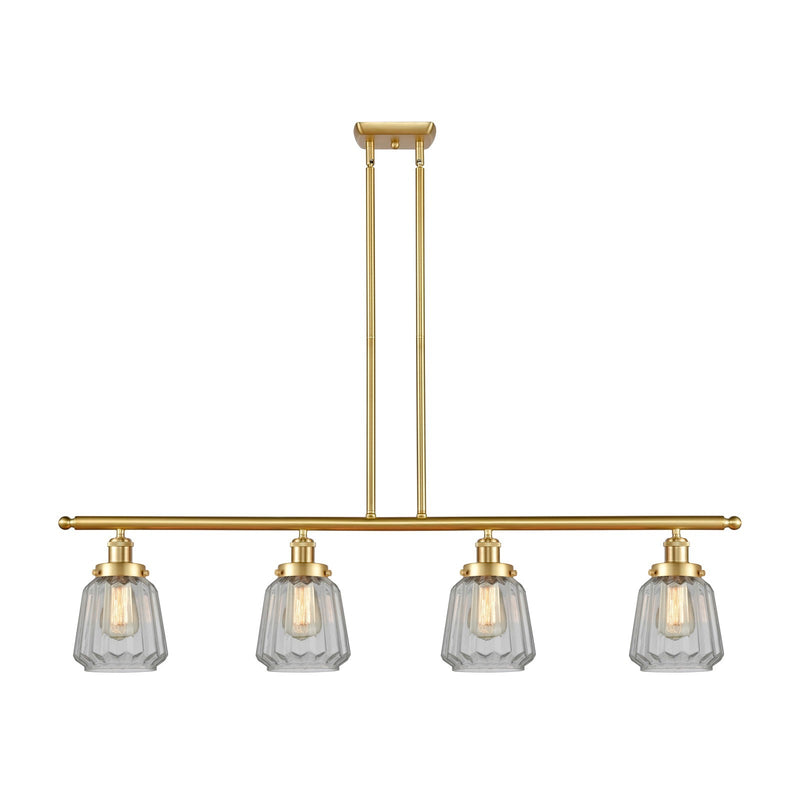 Innovations Chatham 48in 4-Light Island Light | Modern Satin Gold Steel and Clear Ribbed Glass Shade | Kitchen Island & Dining Room | Model 916-4I-SG-G142