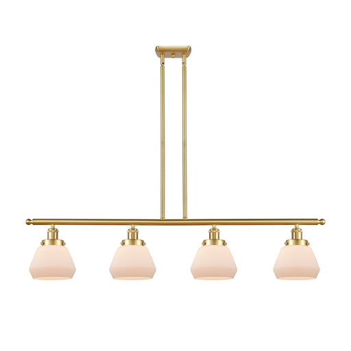 Innovations Fulton 48in 4-Light Island Light | Modern Transitional Satin Gold Steel and Matte White Frosted Glass | Kitchen Island | Model 916-4I-SG-G171