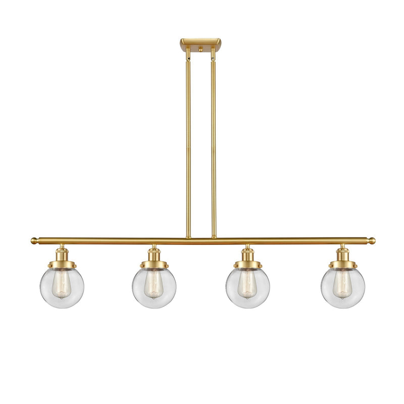 Innovations Beacon 48in 4-Light Island Light | Modern Transitional Satin Gold Steel and Clear Glass | Kitchen Island & Dining | Model 916-4I-SG-G202-6