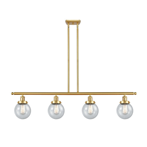 Innovations Beacon 48in 4-Light Island Light | Satin Gold Steel and Cast Brass with Seedy Glass Shade | Kitchen Island & Dining | Model 916-4I-SG-G204-6
