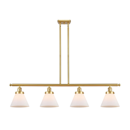 Innovations Cone 48in 4-Light Island Light | Satin Gold Steel and Cast Brass with Matte White Frosted Glass Shade | Kitchen Island & | Model 916-4I-SG-G41