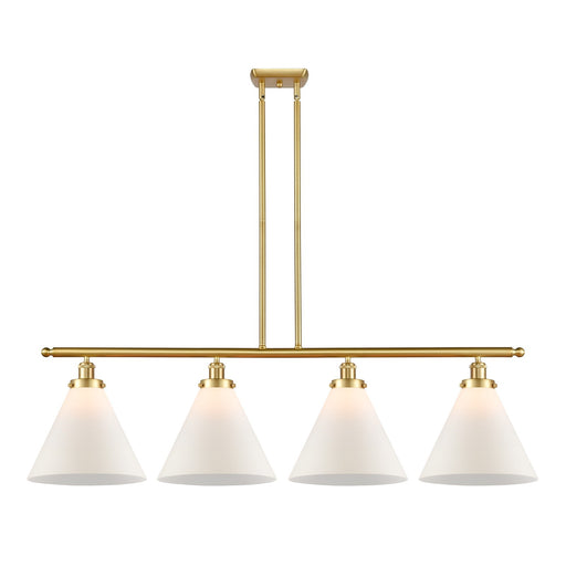Innovations Cone 48in 4-Light Island Light | Satin Gold Steel and Cast Brass with Matte White Large Cone Glass Shade | Kitchen | Model 916-4I-SG-G41-L