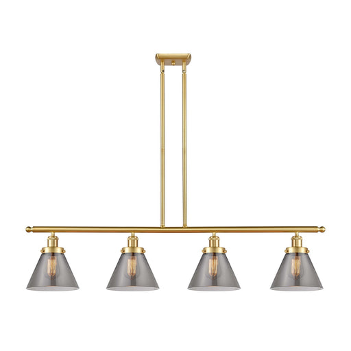 Innovations Cone 48in 4-Light Island Light | Industrial Satin Gold Steel and Light Smoke Glass | Kitchen Island & Dining Room | Model 916-4I-SG-G43