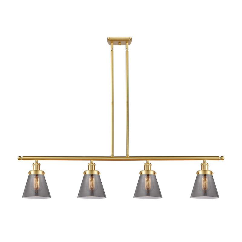 Innovations Cone 48in 4-Light Island Light | Industrial Satin Gold Steel and Light Smoke Glass | Kitchen Island & Dining Room | Model 916-4I-SG-G63