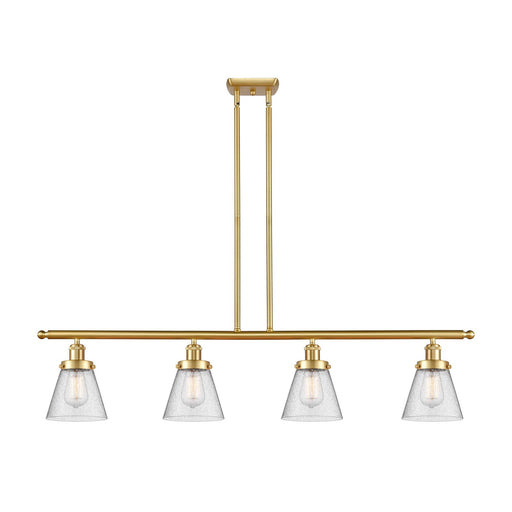 Innovations Cone 48in 4-Light Island Light | Industrial Satin Gold Steel and Seedy Glass | Kitchen Island & Dining Room | Model 916-4I-SG-G64