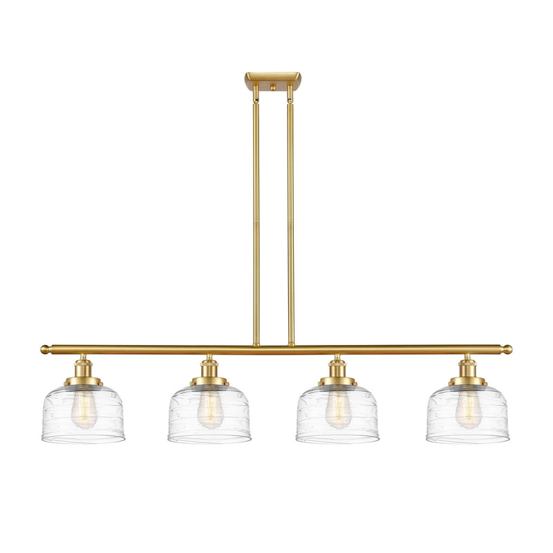 Innovations Bell 48in 4-Light Island Light | Industrial Satin Gold Steel and Clear Deco Swirl Glass | Kitchen Island & Dining Room | Model 916-4I-SG-G713