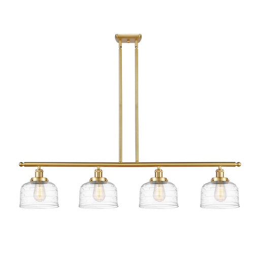 Innovations Bell 48in 4-Light Island Light | Industrial Satin Gold Steel and Clear Deco Swirl Glass | Kitchen Island & Dining Room | Model 916-4I-SG-G713