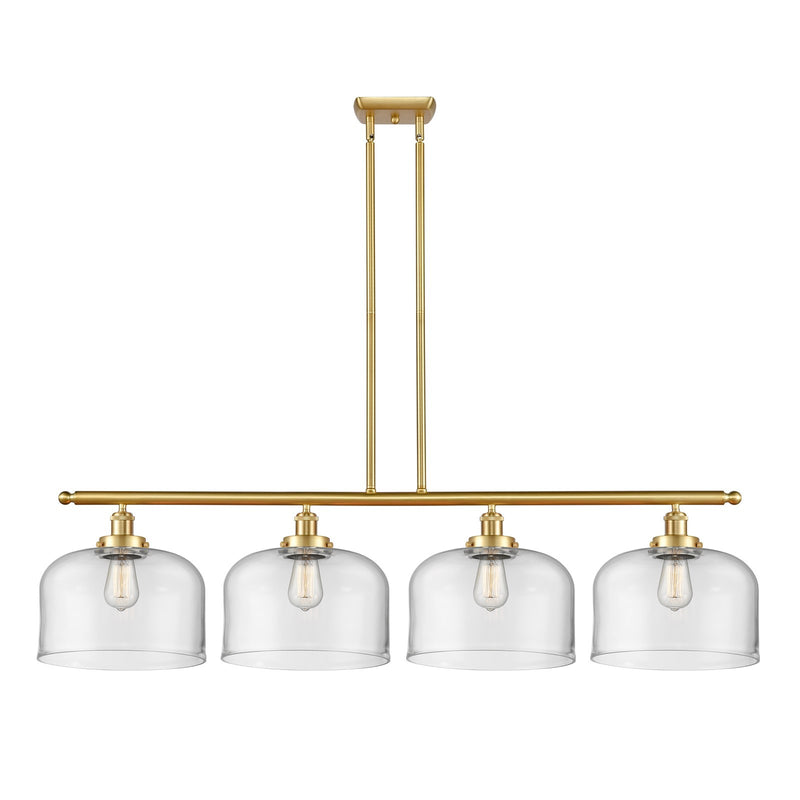 Innovations Bell 48in 4-Light Island Light | Industrial Satin Gold Steel and Clear XL Glass | Kitchen Island & Dining Room | Model 916-4I-SG-G72-L
